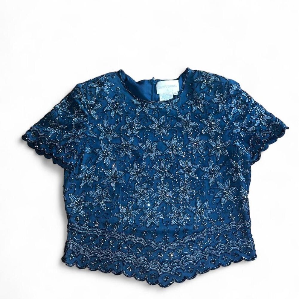 Vintage David's Bridal Women's Blue Beaded 100% silk Floral Gala Blouse SZ 14